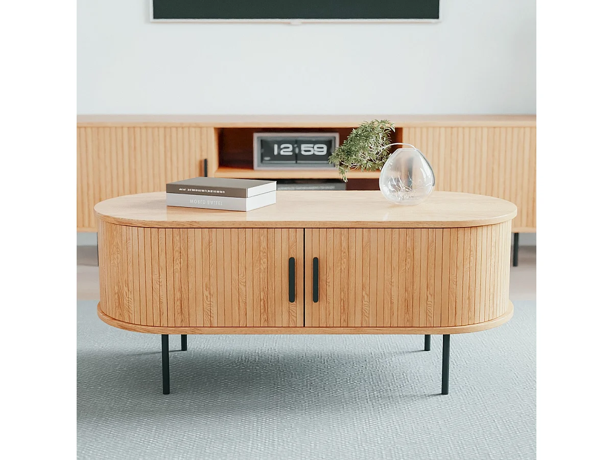 Table basse ovale 2 portes effet Chêne 90 cm - Sora