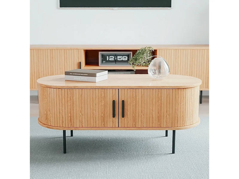 Table basse ovale 2 portes effet Chêne 90 cm - Sora