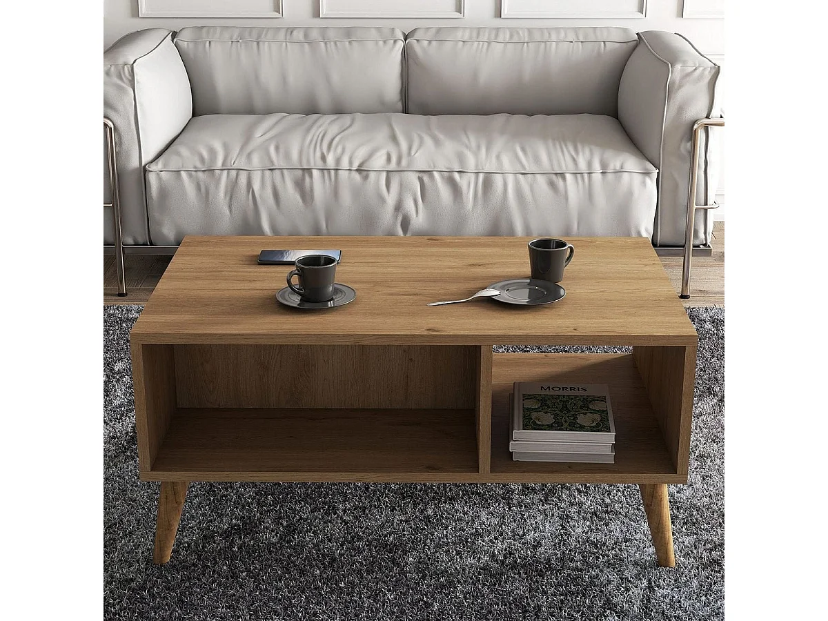 Table basse rectangulaire 3 niches effet Chêne 90 cm - Porto