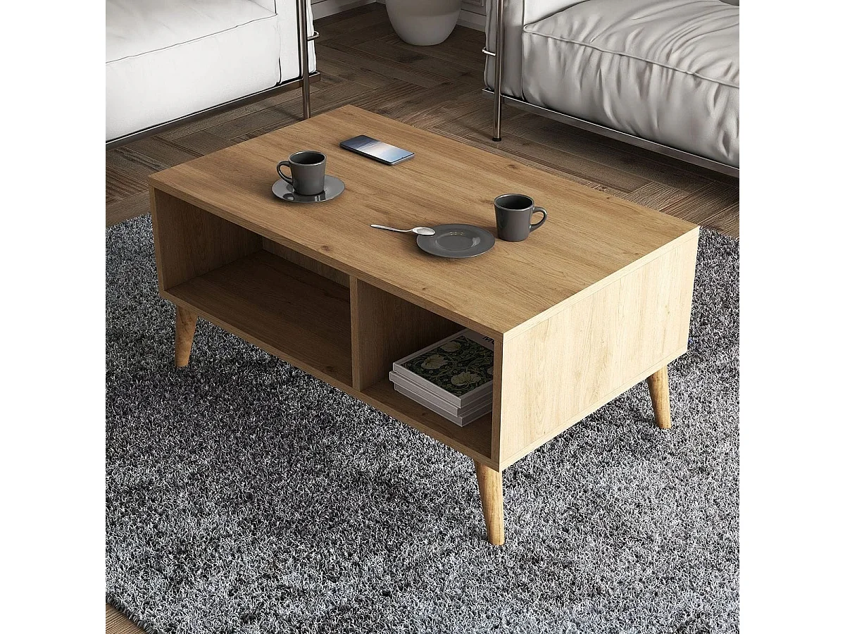 Table basse rectangulaire 3 niches effet Chêne 90 cm - Porto