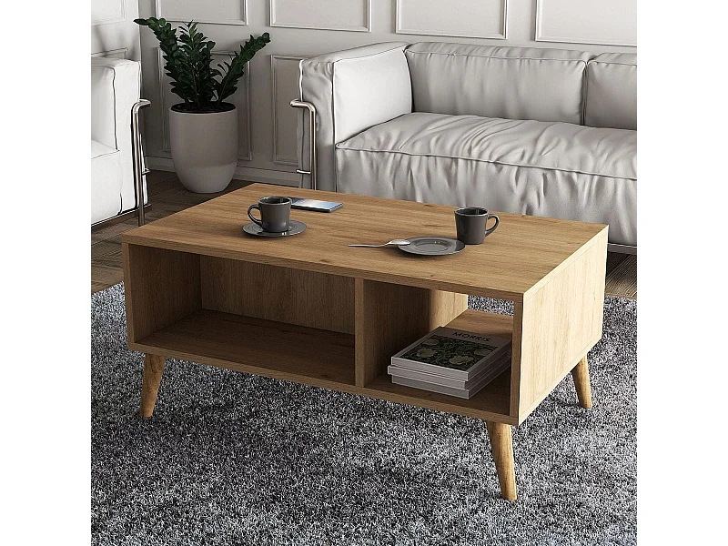 Table basse rectangulaire 3 niches effet Chêne 90 cm - Porto