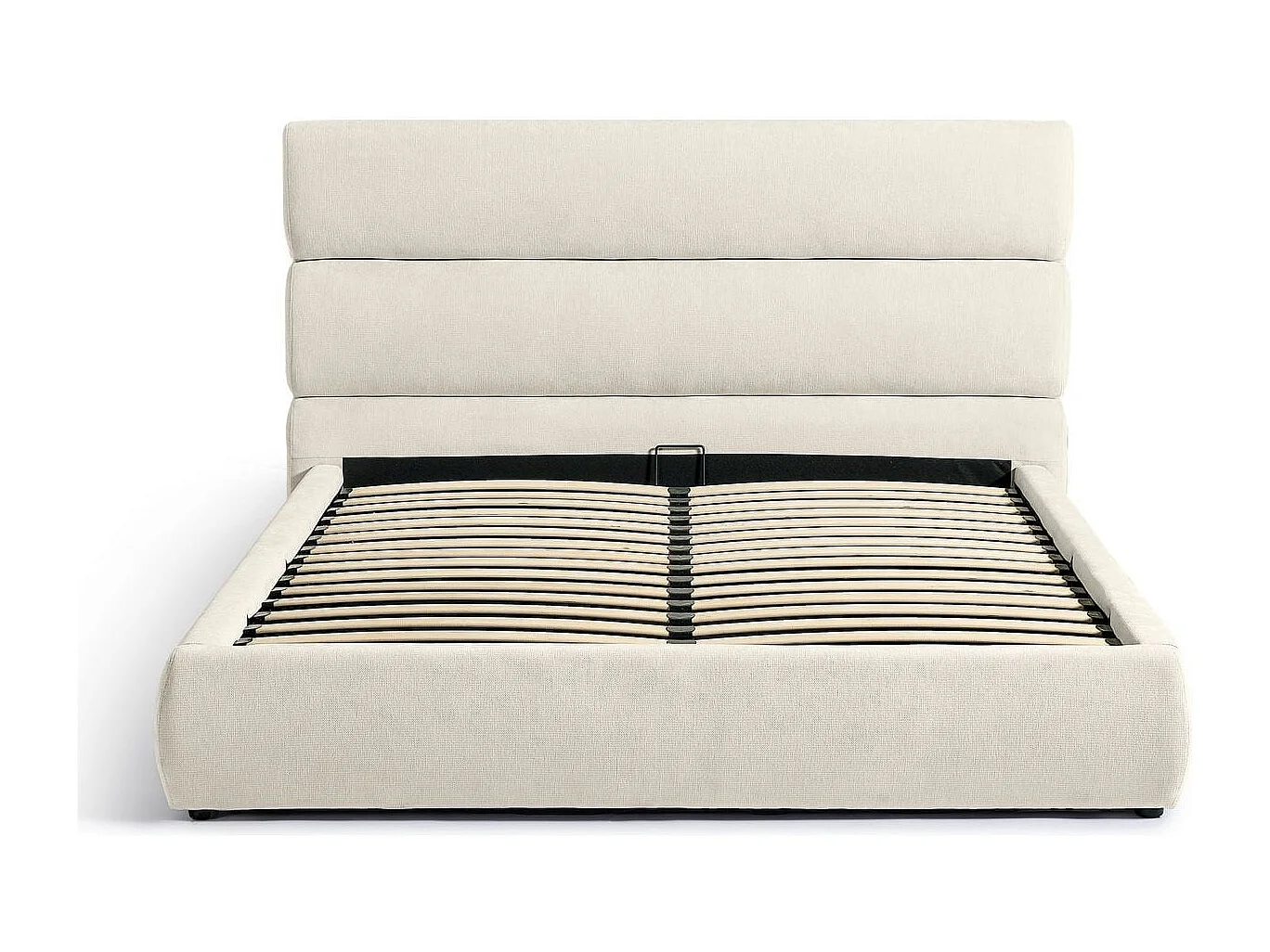 Lit coffre adulte 140x190 cm avec tête de lit capitonnée en tissu chenille beige - Simon