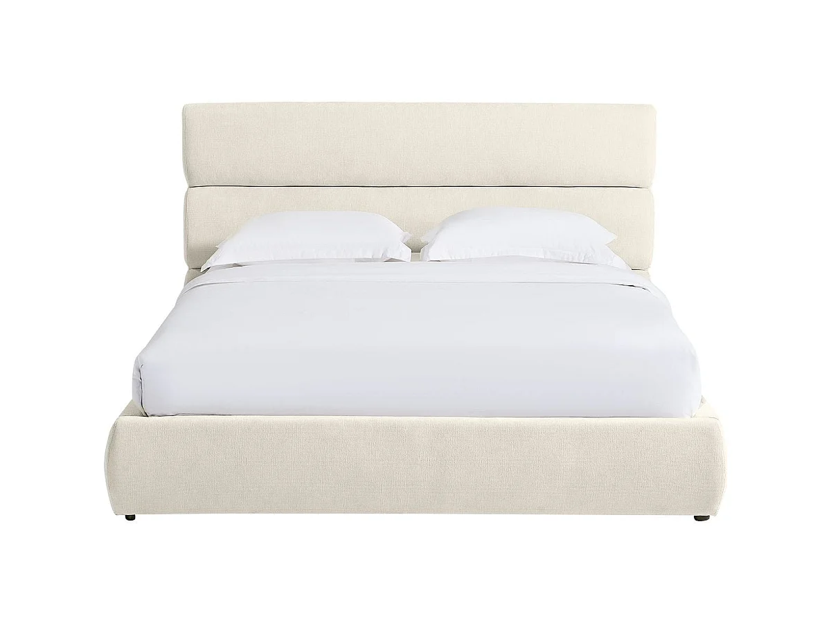 Lit coffre adulte 140x190 cm avec tête de lit capitonnée en tissu chenille beige - Simon