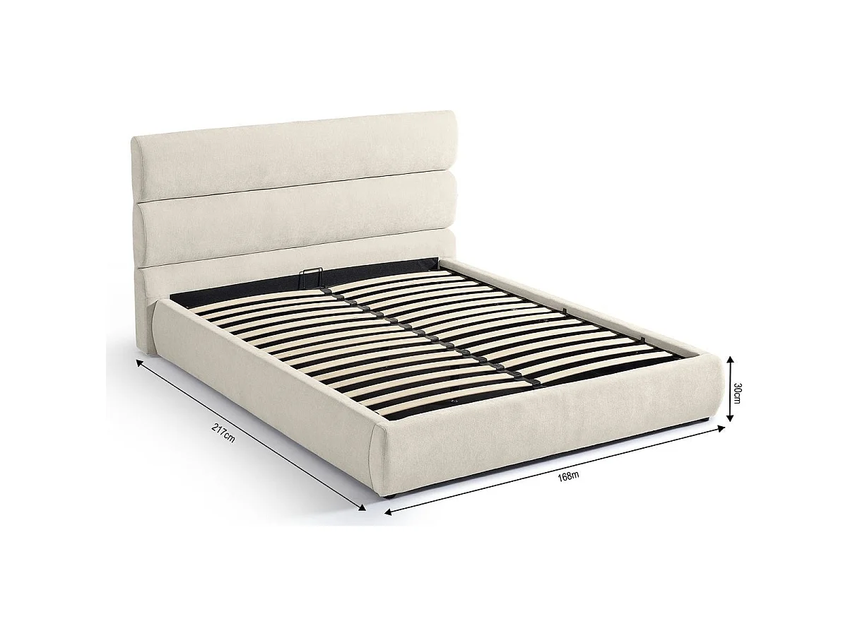 Lit coffre adulte 140x190 cm avec tête de lit capitonnée en tissu chenille beige - Simon
