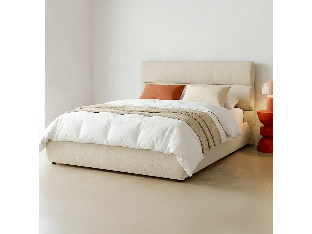 Lit coffre adulte 140x190 cm avec tête de lit capitonnée en tissu chenille beige - Simon