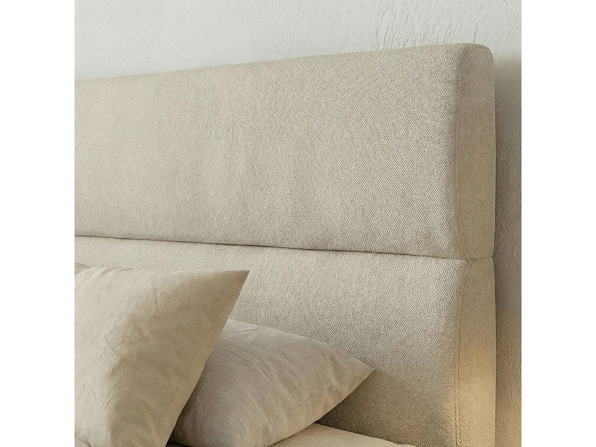 Lit coffre adulte 140x190 cm avec tête de lit capitonnée en tissu chenille beige - Simon