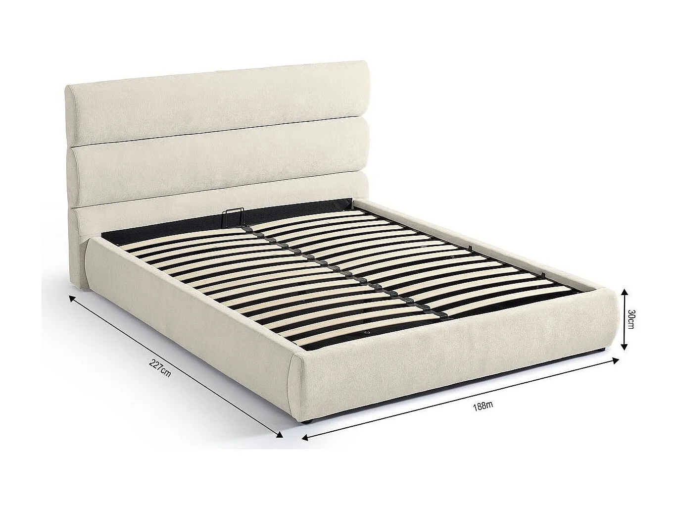 Lit coffre adulte 160x200 cm avec tête de lit capitonnée en tissu chenille beige - Simon