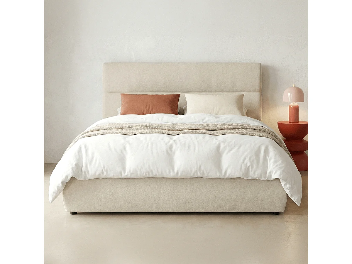 Lit coffre adulte 160x200 cm avec tête de lit capitonnée en tissu chenille beige - Simon