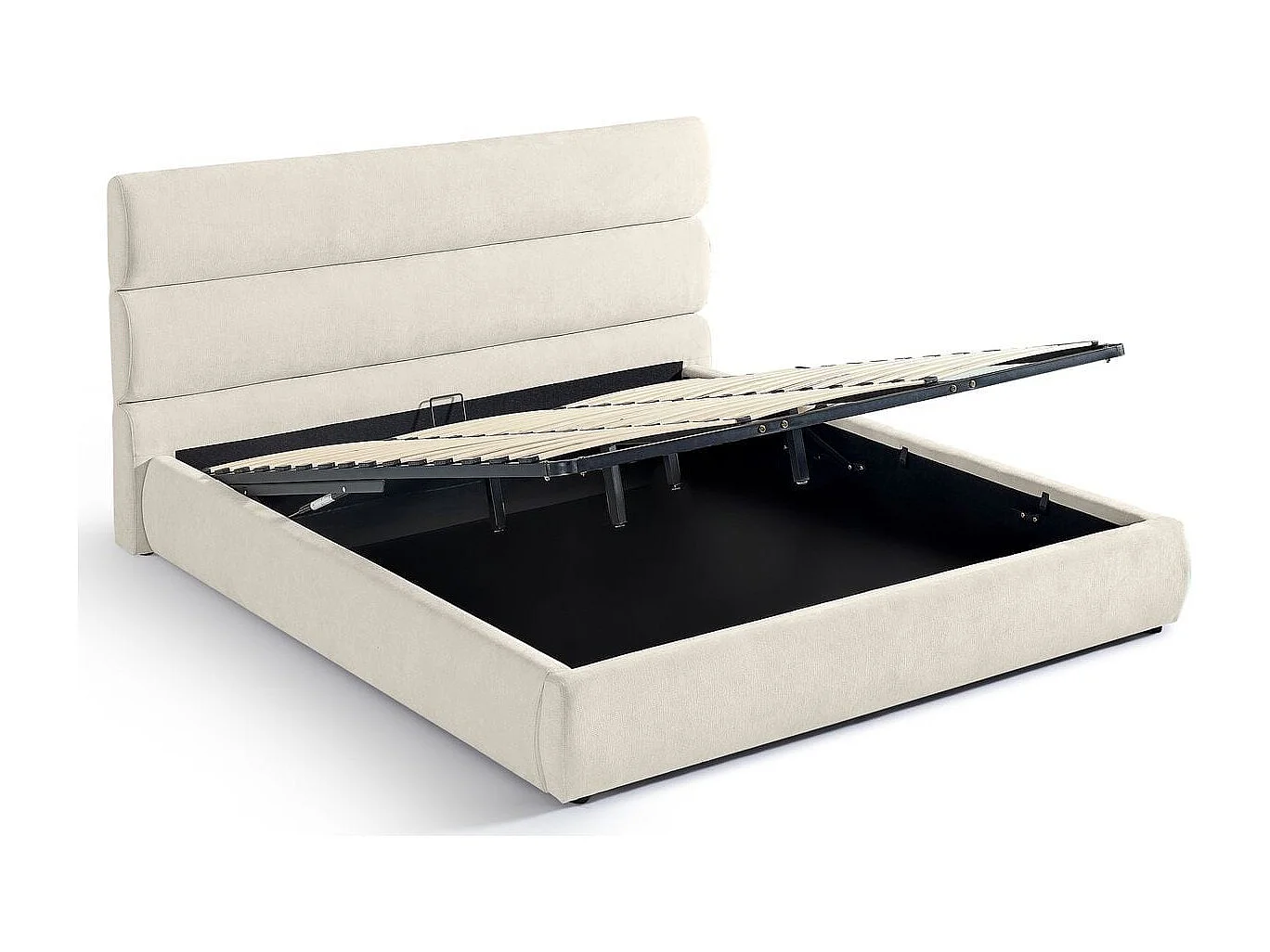 Lit coffre adulte 180x200 cm avec tête de lit capitonnée en tissu chenille beige - Simon