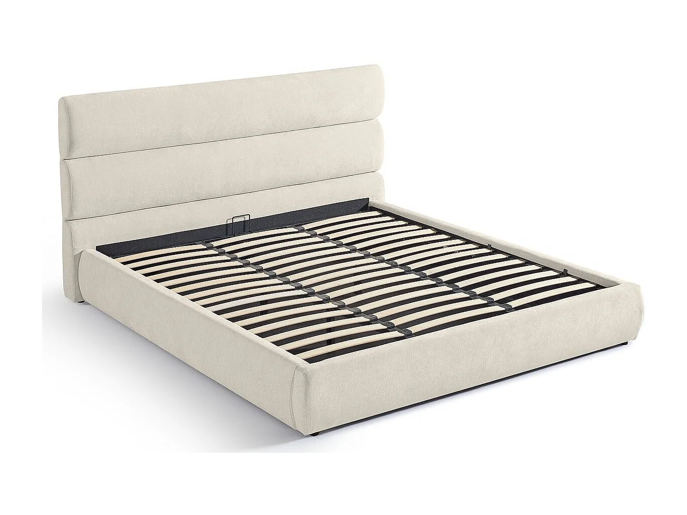 Lit coffre adulte 180x200 cm avec tête de lit capitonnée en tissu chenille beige - Simon