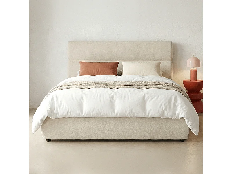 Lit coffre adulte 180x200 cm avec tête de lit capitonnée en tissu chenille beige - Simon
