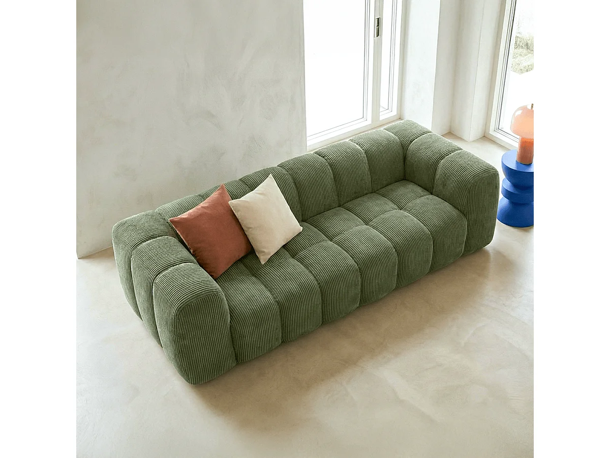 Canapé droit 3 places en velours côtelé vert kaki - Nuvola