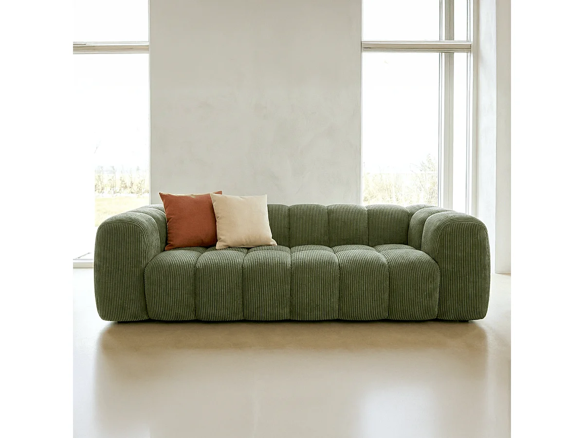 Canapé droit 3 places en velours côtelé vert kaki - Nuvola