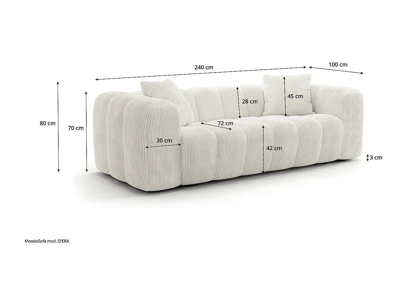 Canapé droit 3 places en velours côtelé beige - Nuvola