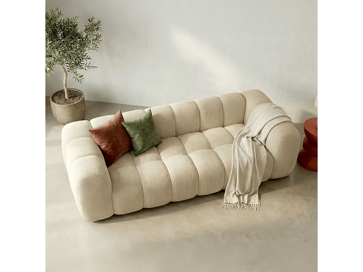 Canapé droit 3 places en velours côtelé beige - Nuvola