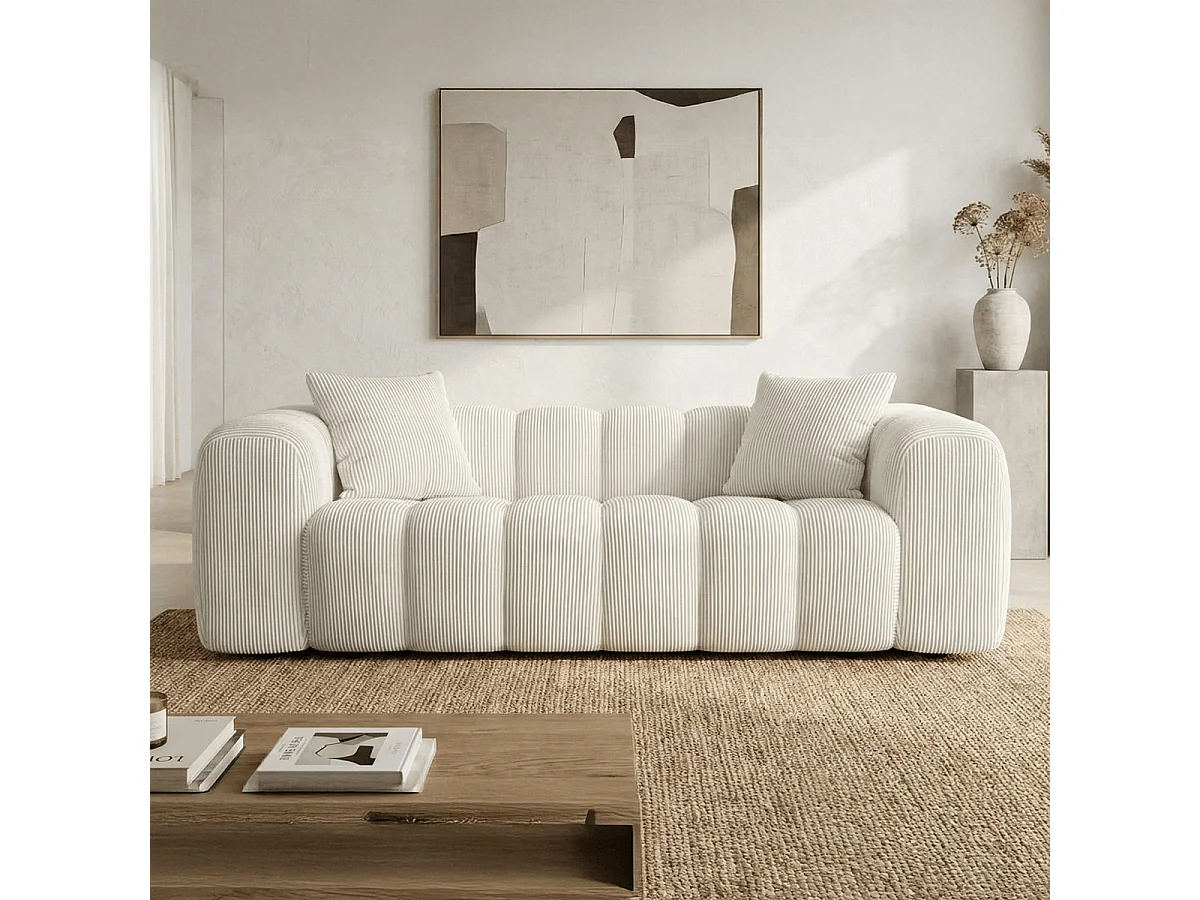 Canapé droit 3 places en velours côtelé beige - Nuvola