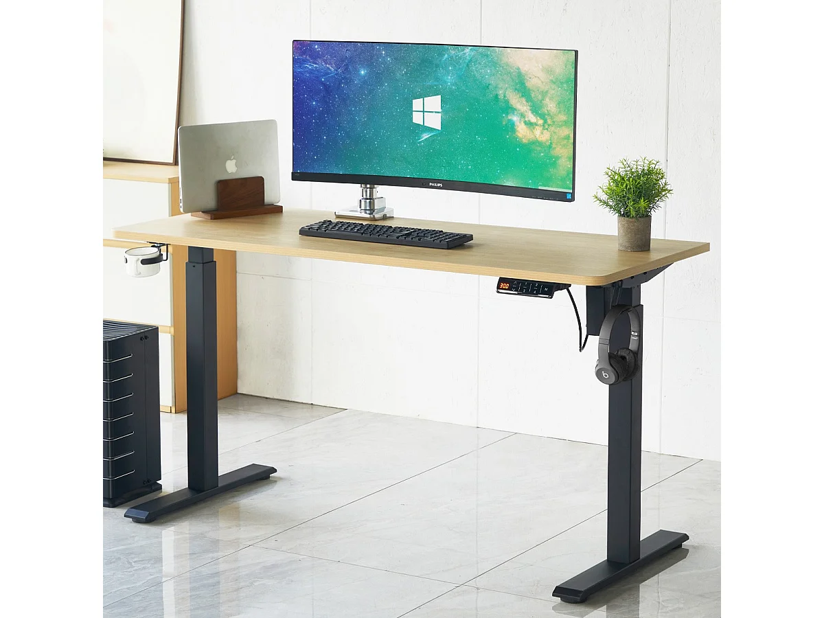 Bureau assis-debout électrique réglable 72-120 cm avec ports USB - effet bois - Up&Down