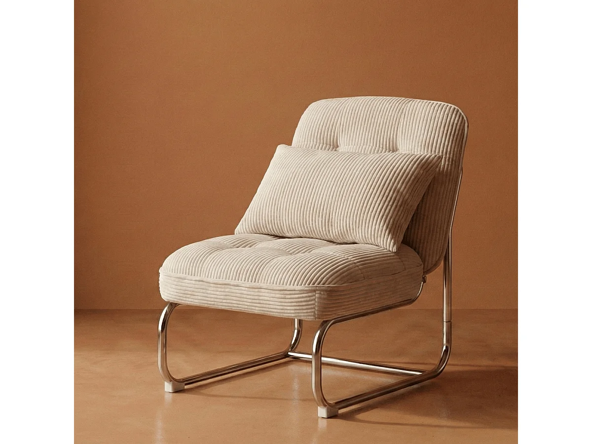 Fauteuil en velours côtelé beige, piètement chromé - Marvin