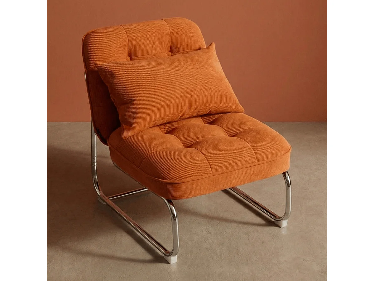 Fauteuil en velours côtelé orange, piètement chromé - Marvin
