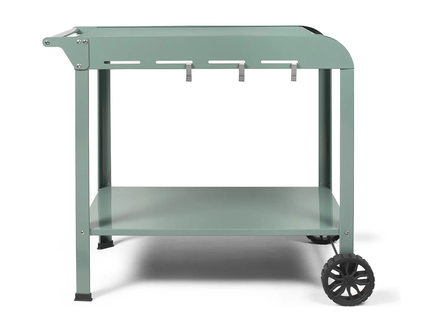 Kaki Servierwagen Livoo GS168V für Plancha 2-3 Brenner, lackierter Stahl, 3 Haken, Korb, gezahnte Räder, 91,5x50,2x80 cm