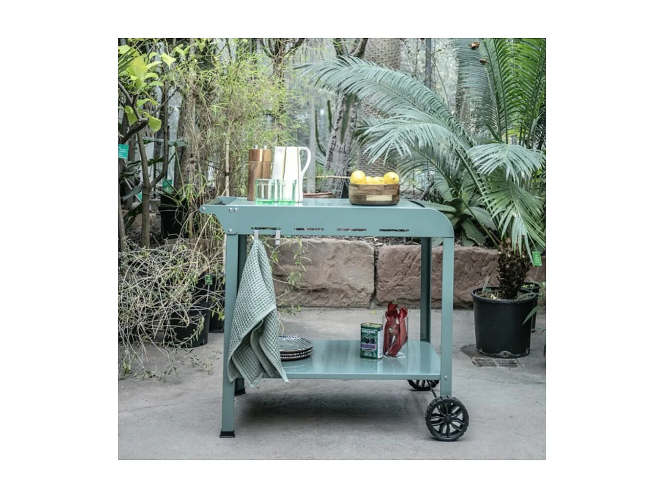 Kaki Servierwagen Livoo GS168V für Plancha 2-3 Brenner, lackierter Stahl, 3 Haken, Korb, gezahnte Räder, 91,5x50,2x80 cm