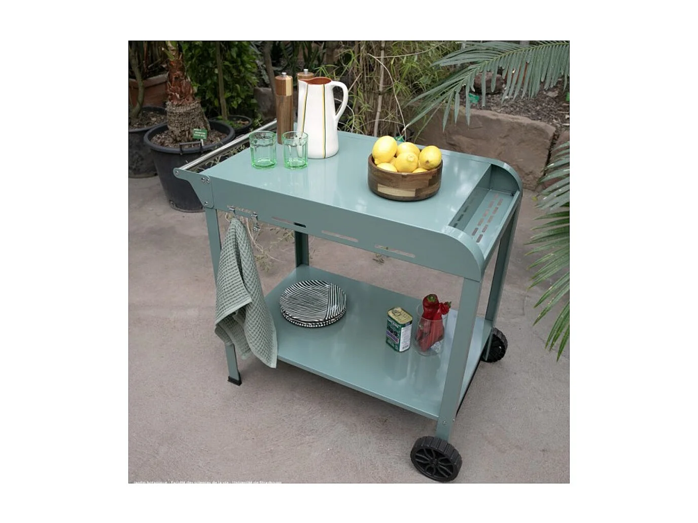 Kaki Servierwagen Livoo GS168V für Plancha 2-3 Brenner, lackierter Stahl, 3 Haken, Korb, gezahnte Räder, 91,5x50,2x80 cm