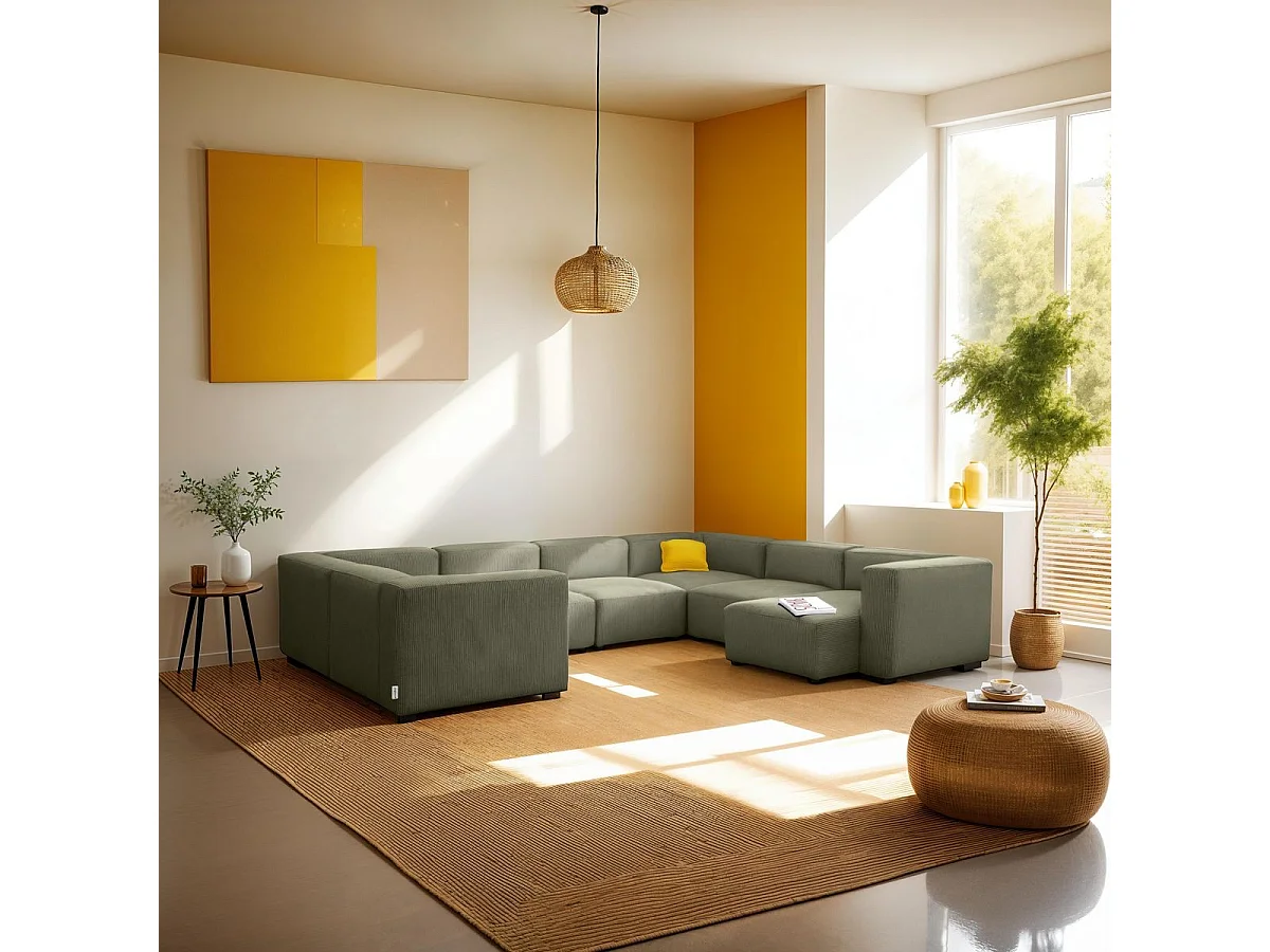 Canapé modulable panoramique 10 places avec méridienne à droite en velours côtelé vert kaki - Modulo