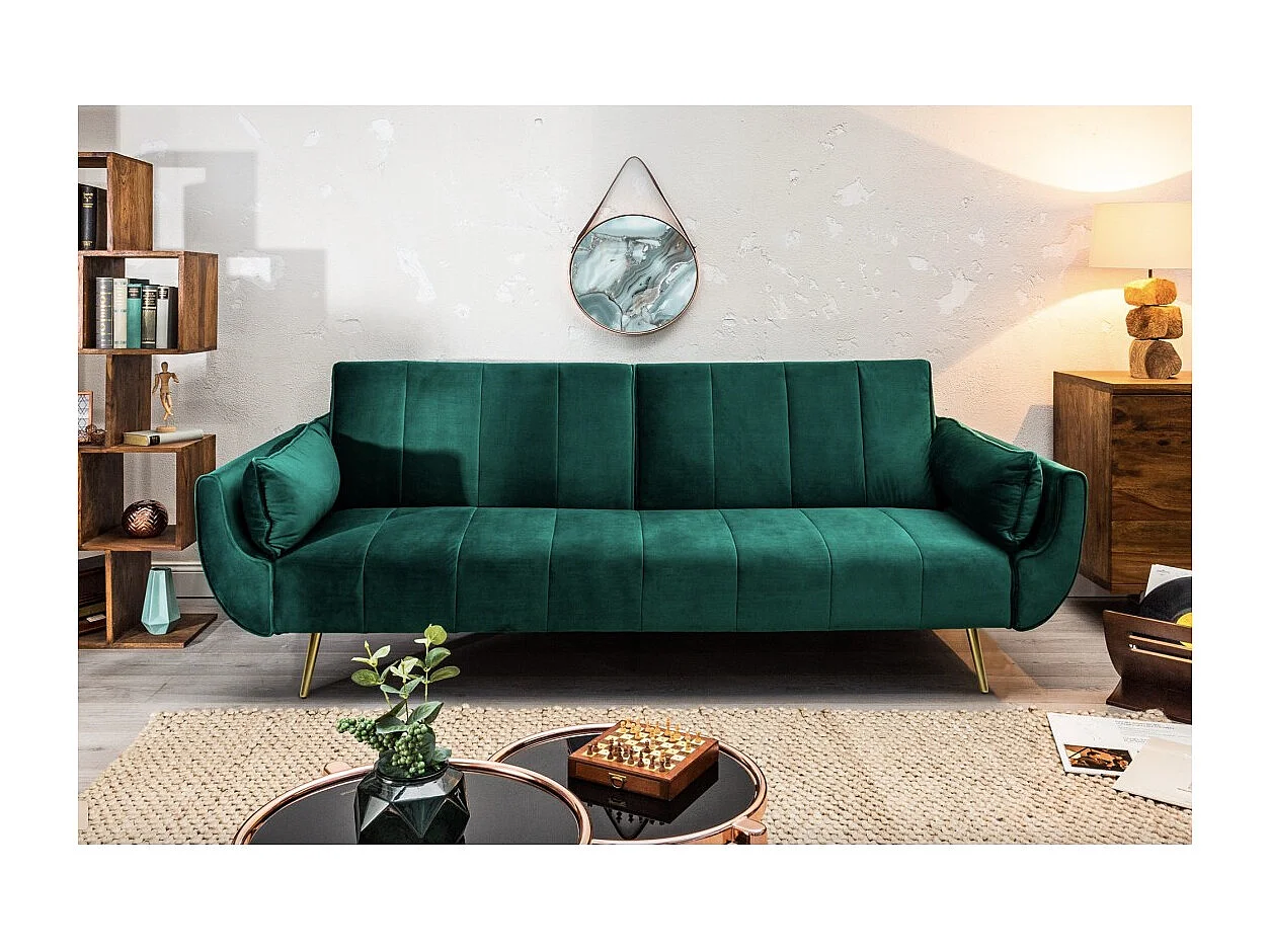 Canapé droit DANNA vert émeraude – Canapé scandinave convertible en velours avec pieds en métal