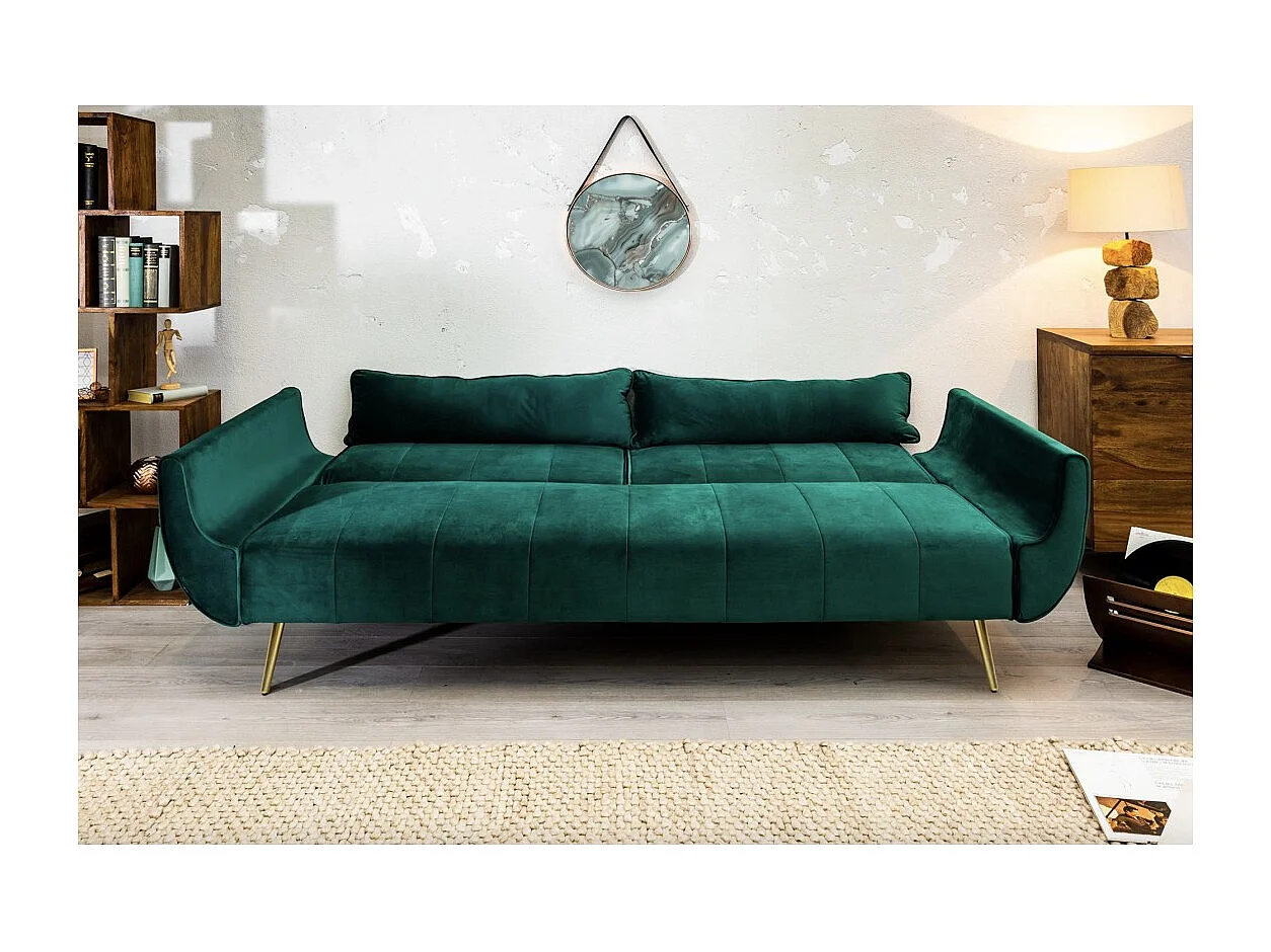 Canapé droit DANNA vert émeraude – Canapé scandinave convertible en velours avec pieds en métal