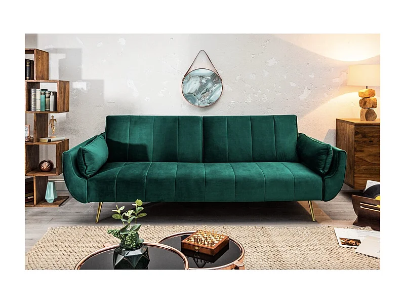 Canapé droit DANNA vert émeraude – Canapé scandinave convertible en velours avec pieds en métal