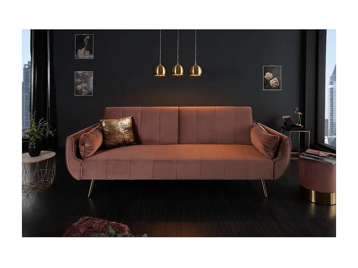 Canapé droit DANNA rose poudré – Canapé scandinave convertible en velours avec pieds en métal