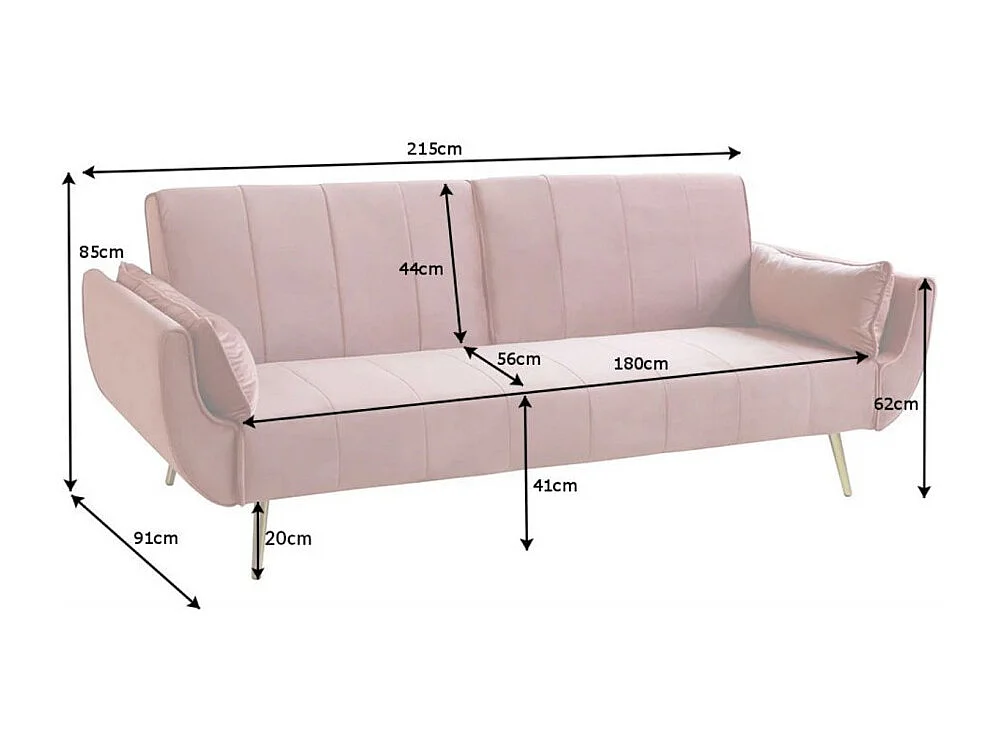 Canapé droit DANNA rose poudré – Canapé scandinave convertible en velours avec pieds en métal