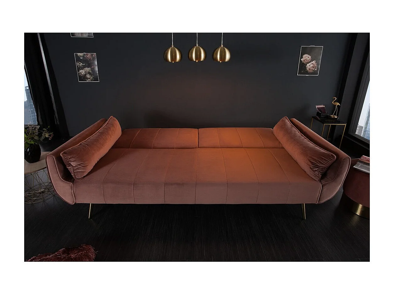 Canapé droit DANNA rose poudré – Canapé scandinave convertible en velours avec pieds en métal