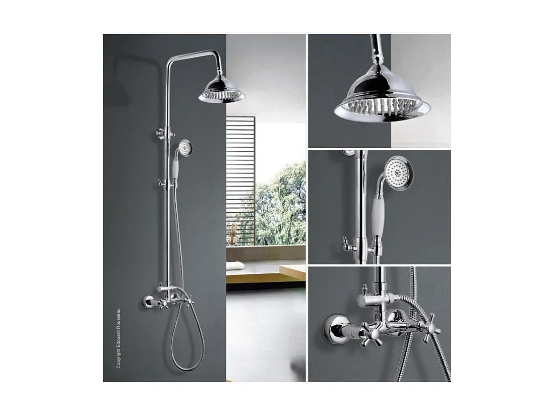 Retro-Duschsäule ROUSSEAU verchromt mit schwenkbarem Kopf Ø205 mm, keramischem Mischventil, Edelstahlduschkopf und 1,5 m Schlauch