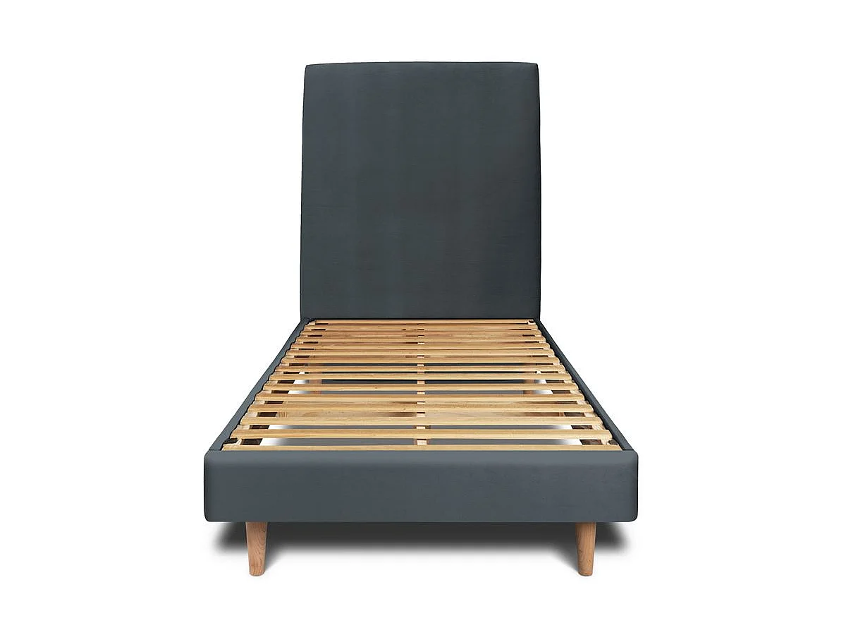 Lit 90x190cm avec tête de lit tapissier velours et sommier kit gris anthracite - Hauteur totale : 29cm