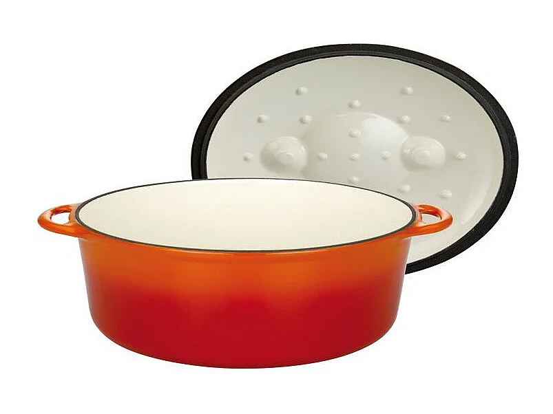 Gusseiserne ovale Cocotte GSW 33x25 cm orange emailliert, Induktion, Ofen bis 240°C, Dampfabdeckung