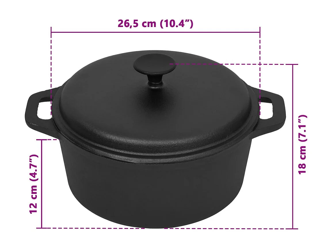 Schwarzer Gusseisentopf Ø26,5 cm 5L - gleichmäßiges Garen, kompatibel mit Gas, Elektro und offenem Feuer
