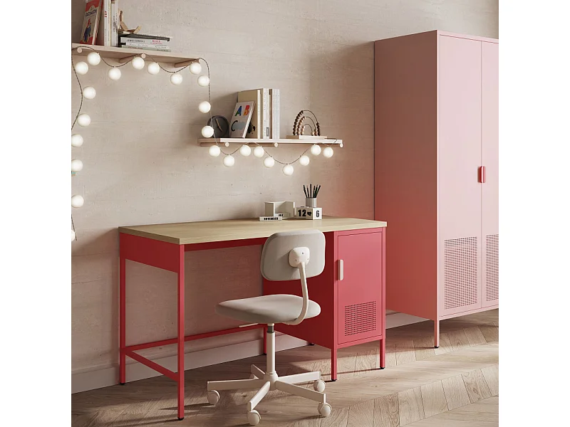 Adel - Bureau 1 porte en métal L120cm - Rose