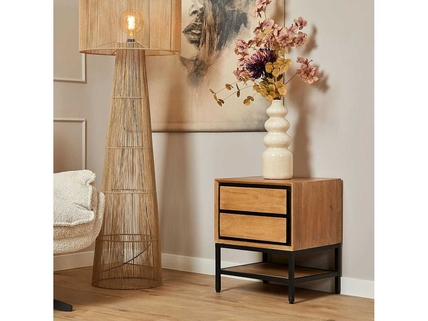 Table de chevet 2 tiroirs bois cadre noir UVEA