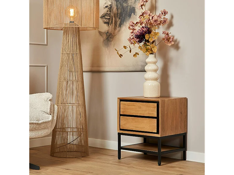 Table de chevet 2 tiroirs bois cadre noir UVEA