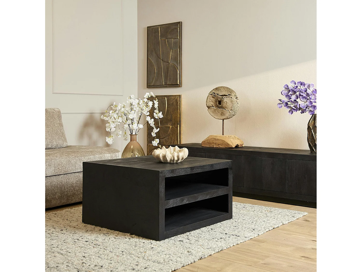 Table basse carrée bois noir avec rangement MONTARO