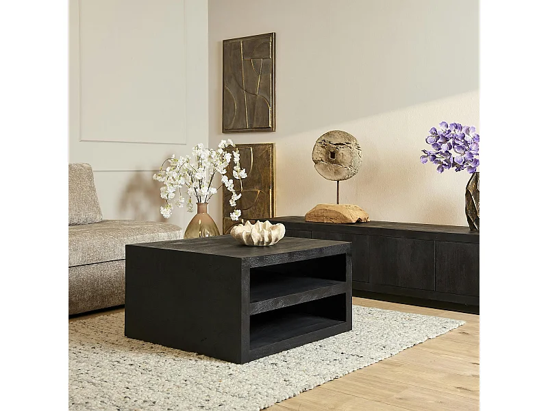 Table basse carrée bois noir avec rangement MONTARO