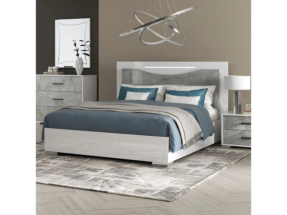 Lit 160x200cm avec ruban led sur tête de lit laqué blanc et imitation marbre - GENESIS