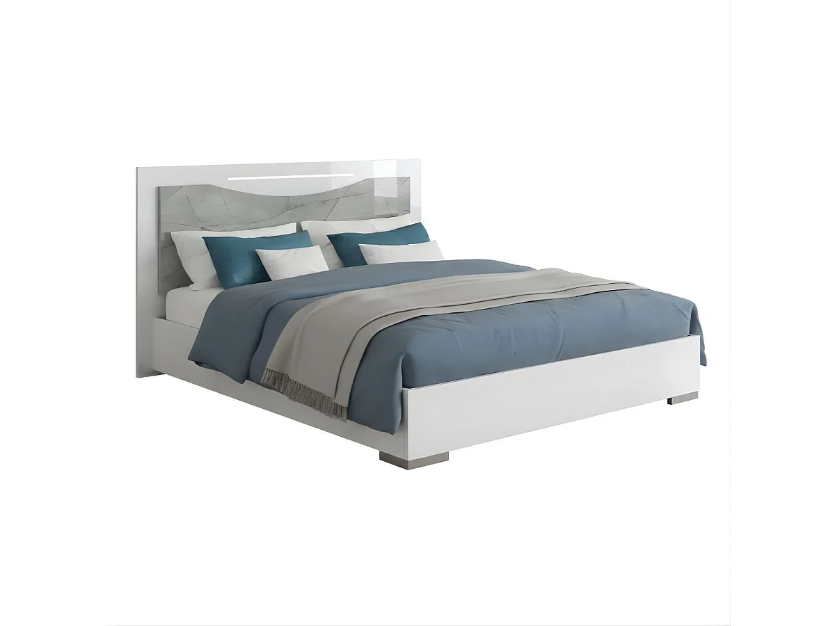Lit 160x200cm avec ruban led sur tête de lit laqué blanc et imitation marbre - GENESIS