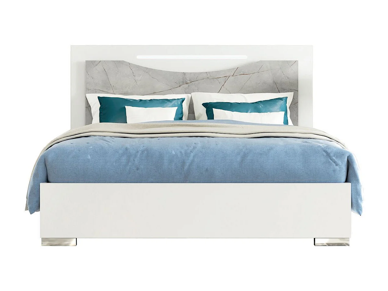 Lit 160x200cm avec ruban led sur tête de lit laqué blanc et imitation marbre - GENESIS