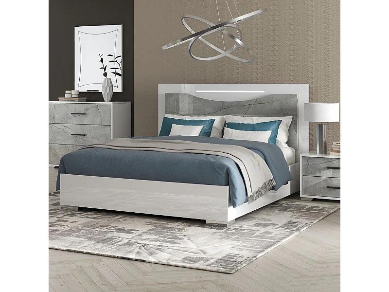 Lit 140x190cm avec ruban led sur tête de lit laqué blanc et imitation marbre - GENESIS