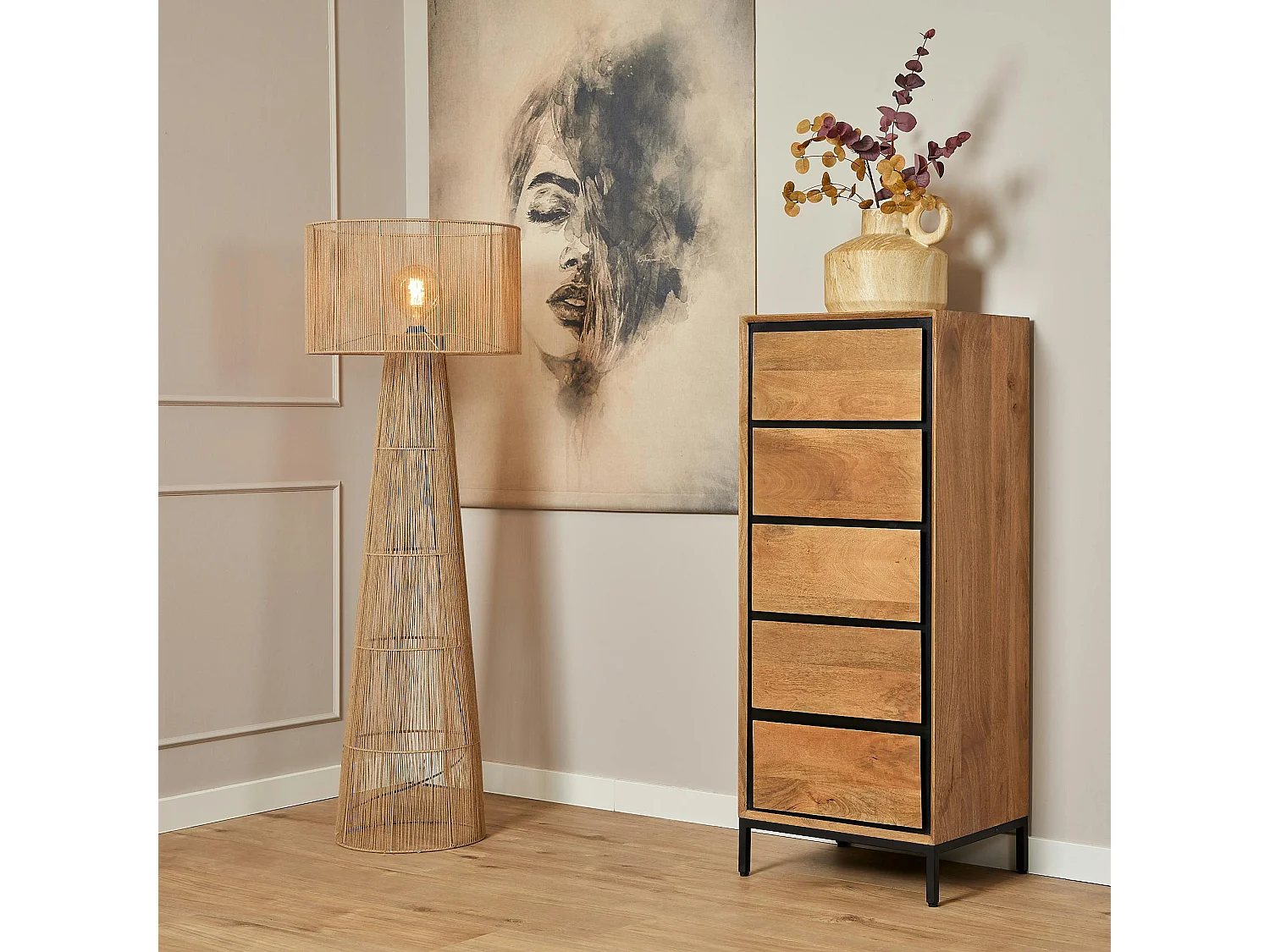 Commode étroite bois cadre noir 5 tiroirs UVEA