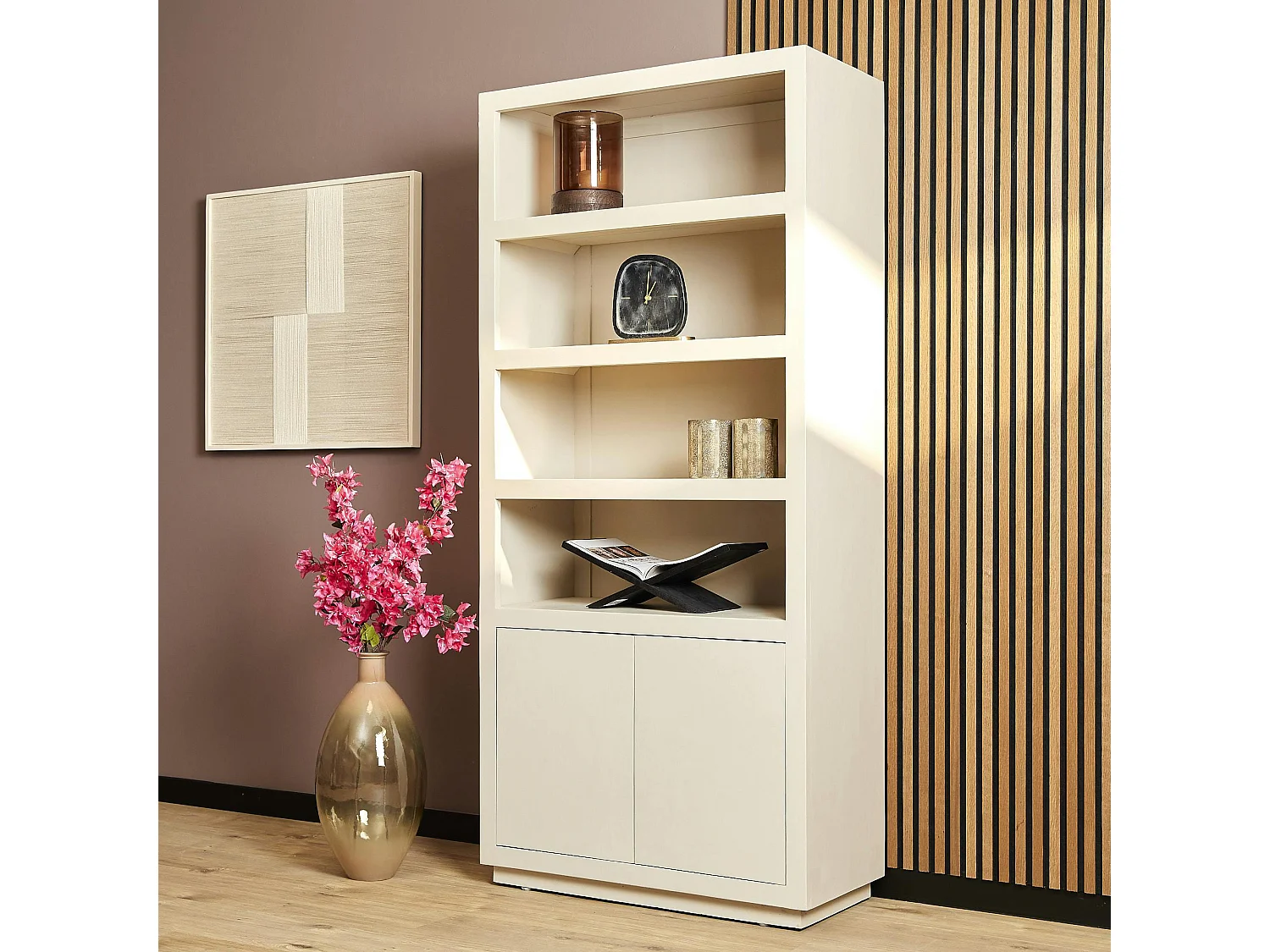 Bibliothèque salon bois sable MONTARO