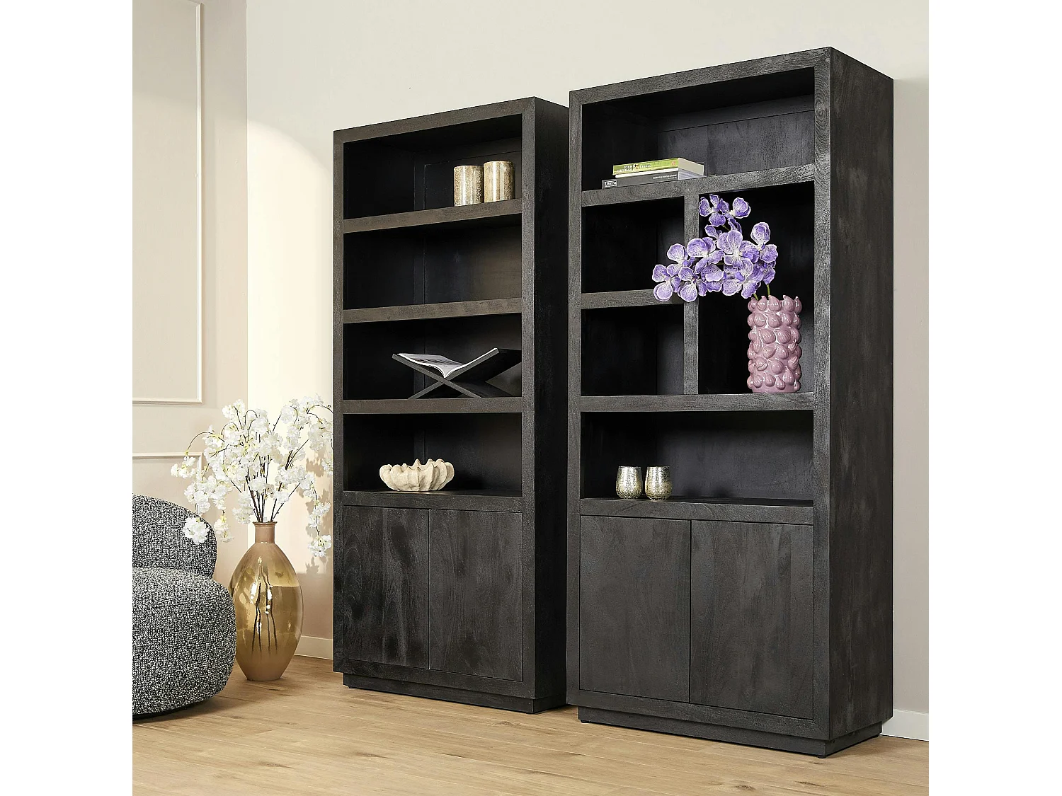Bibliothèque haute bois noir 2 portes MONTARO
