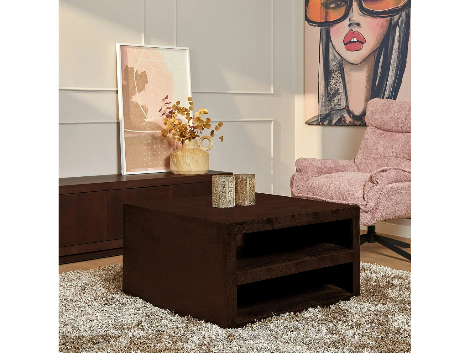 Table basse carrée bois foncé avec rangement MONTARO
